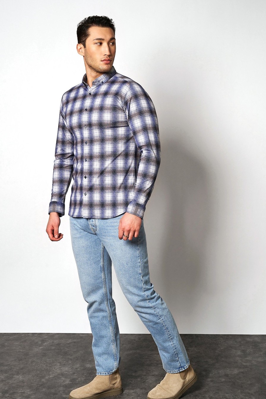 Men Desoto | Jersey Shirt »Modern Button Down« Blue/Brown